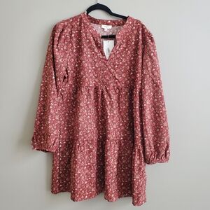 Umgee NWT Long Sleeve Floral Corduroy Mini Babydoll Dress in Red Brown‎ Size S